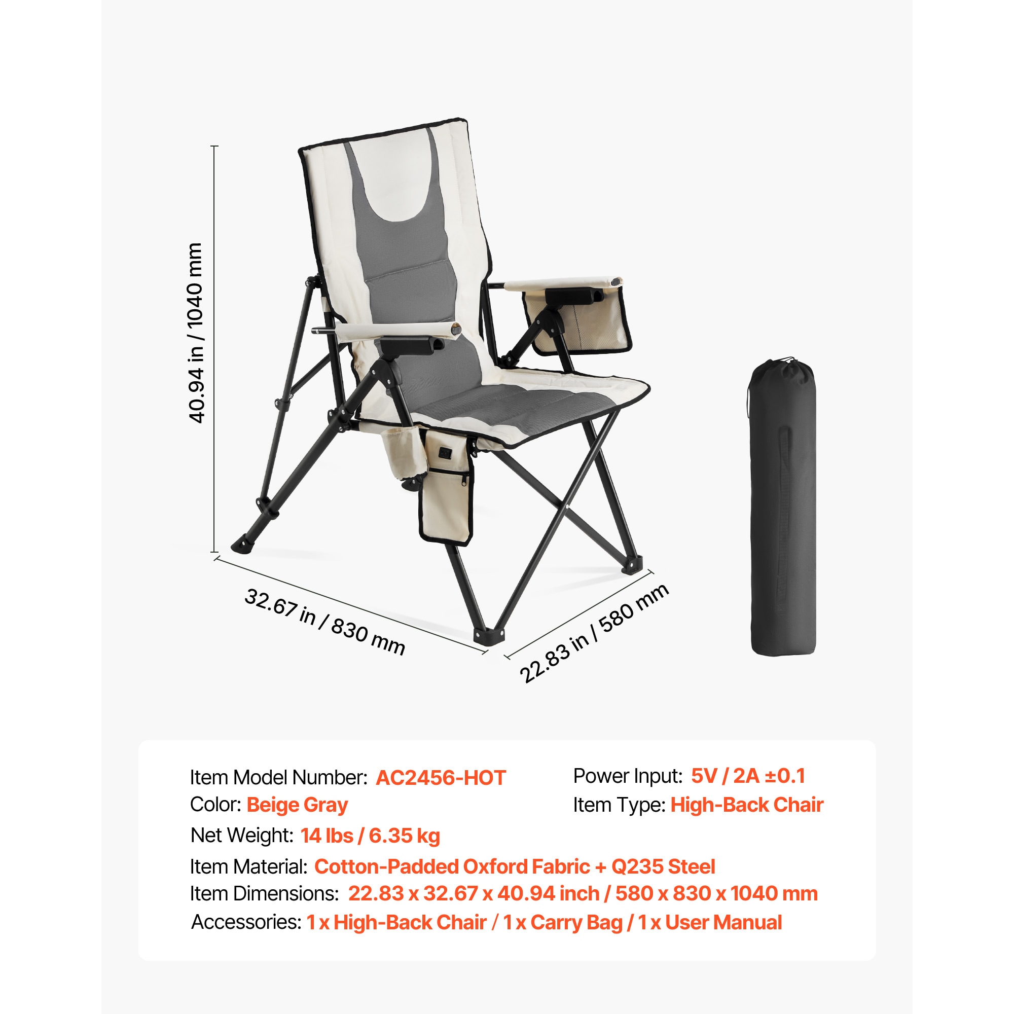 Heated Camping Chair, 3 Heat Settings, High Back Folding Camping Chair, Supports 260lbs, Full Padded Beach Chairs With Armrest & Cupholder, Portable Lawn Chairs For Outdoor Sports Travel_maomaolike.com